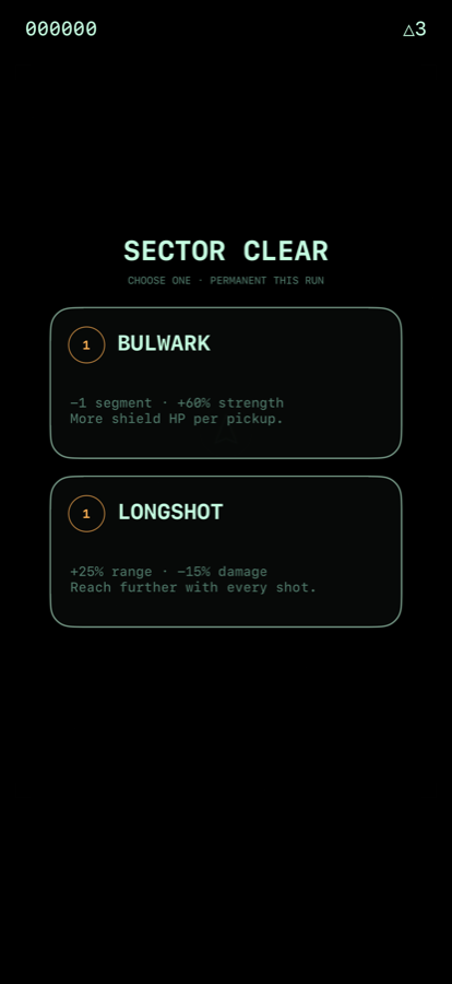 The sector clear screen, choosing between two permanent upgrades